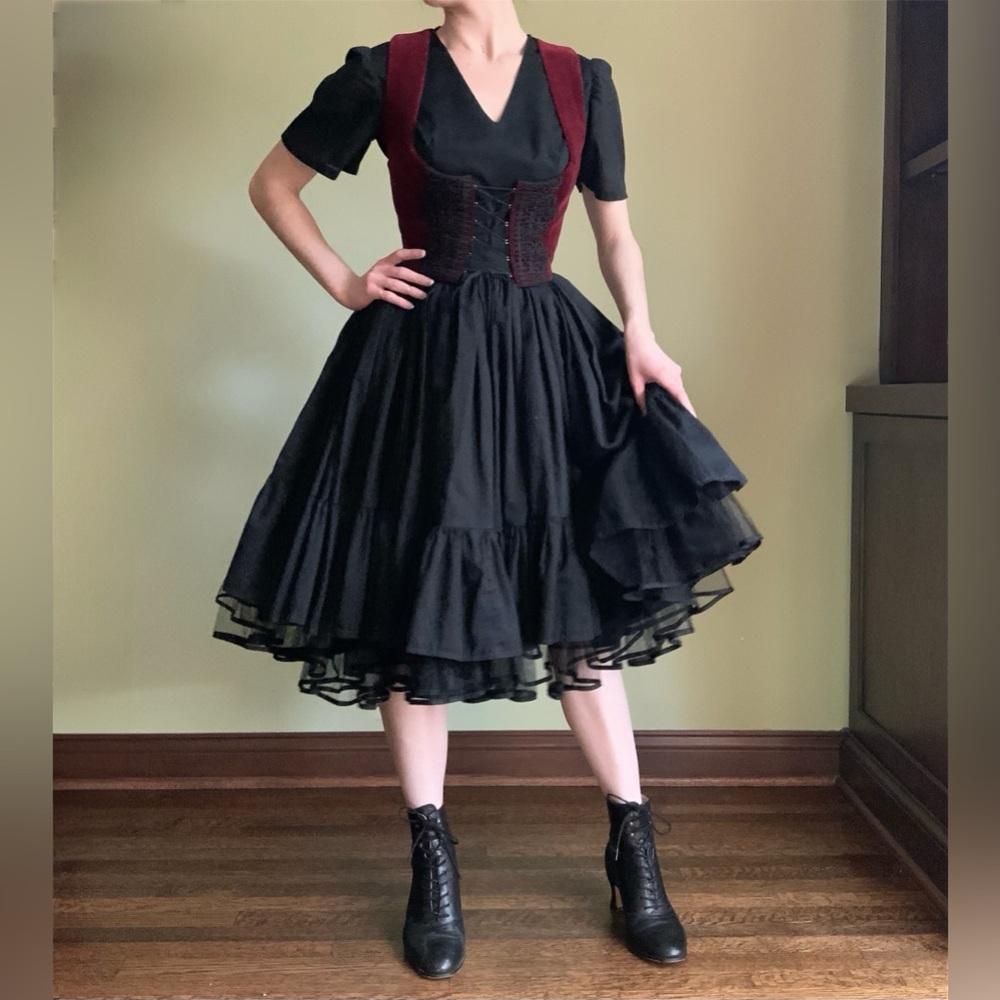 Handmade Cotton Swing Dress, Black Ruffled Fit and Flare Cottagecore Dress - Picture 4 of 10